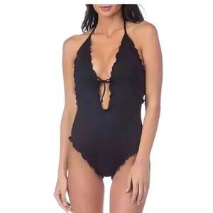 Anne Cole Women's Ebony Black Ruffled Low Cut One Piece Swimsuit NEW